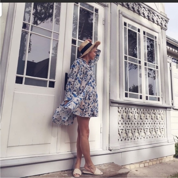 H&M hm Cotton Voile Ruffle Collar Peplum Mini Dress Drop waist Pattern Blue NWT - Picture 16 of 16